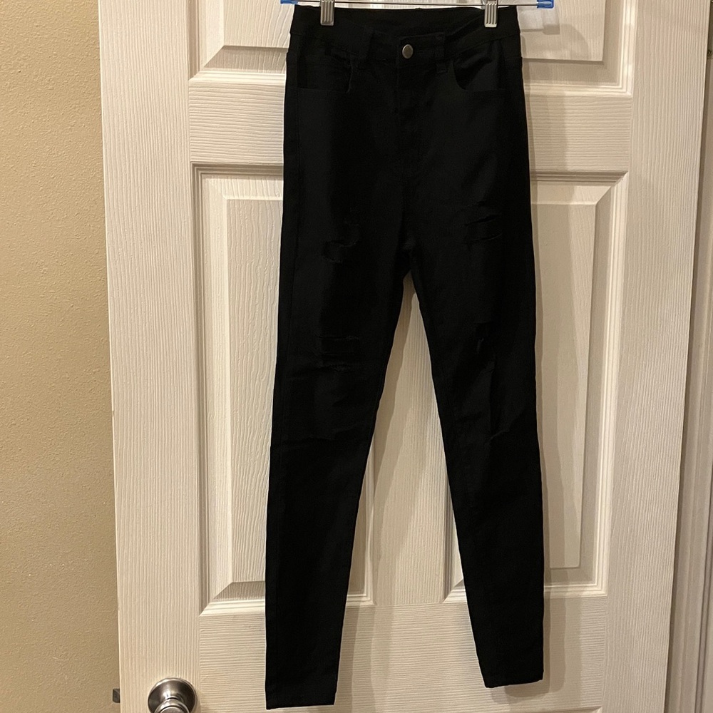 SHEIN Black High-Waist Distressed Skinny Jeans